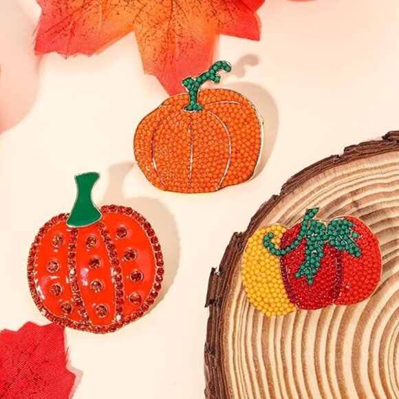 NEW Brooches Pins Lot of 3 Beaded & Enamel Painted Pumpkin Fall Thanksgiving - Picture 2 of 4